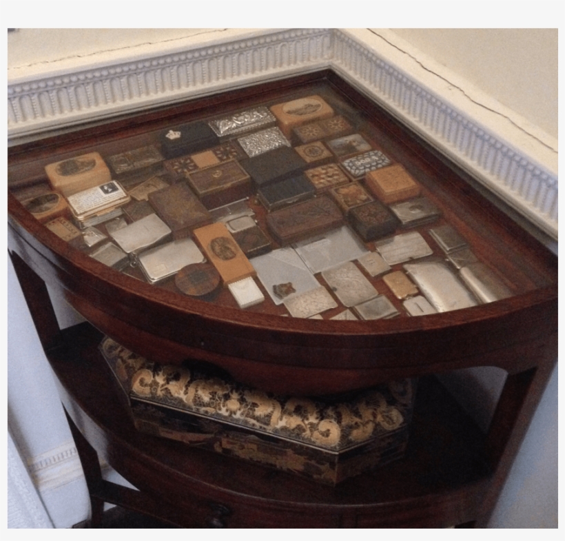 A Desk With Stamp Boxes On Show Under The Glass Top - Desk, transparent png #1336610