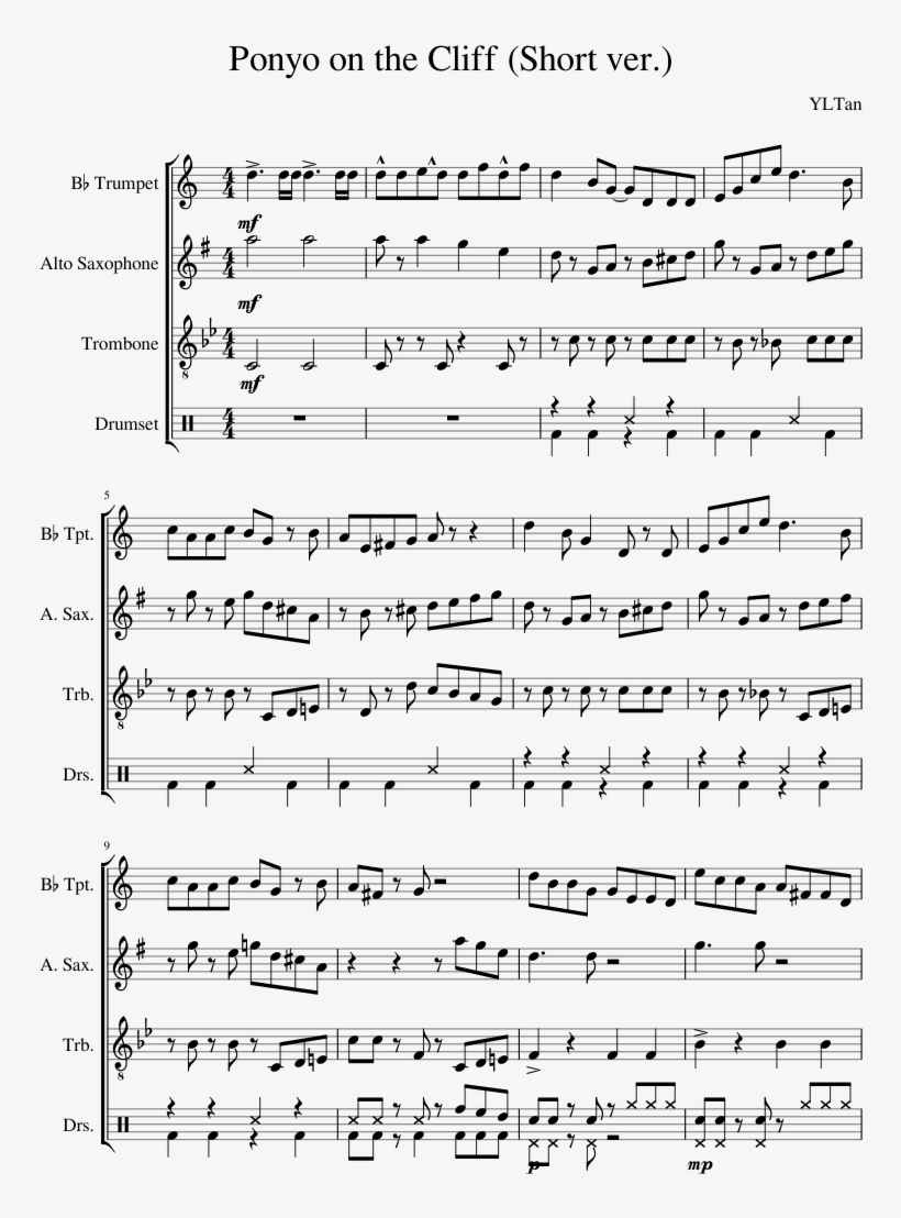 Ponyo On The Cliff Sheet Music Composed By Yltan - Document, transparent png #1338851