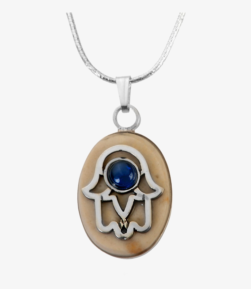 Temple Mount Stone With Silver Hamsa - Jerusalem Stone And Silver Oval Hamsa Necklace, transparent png #1366787