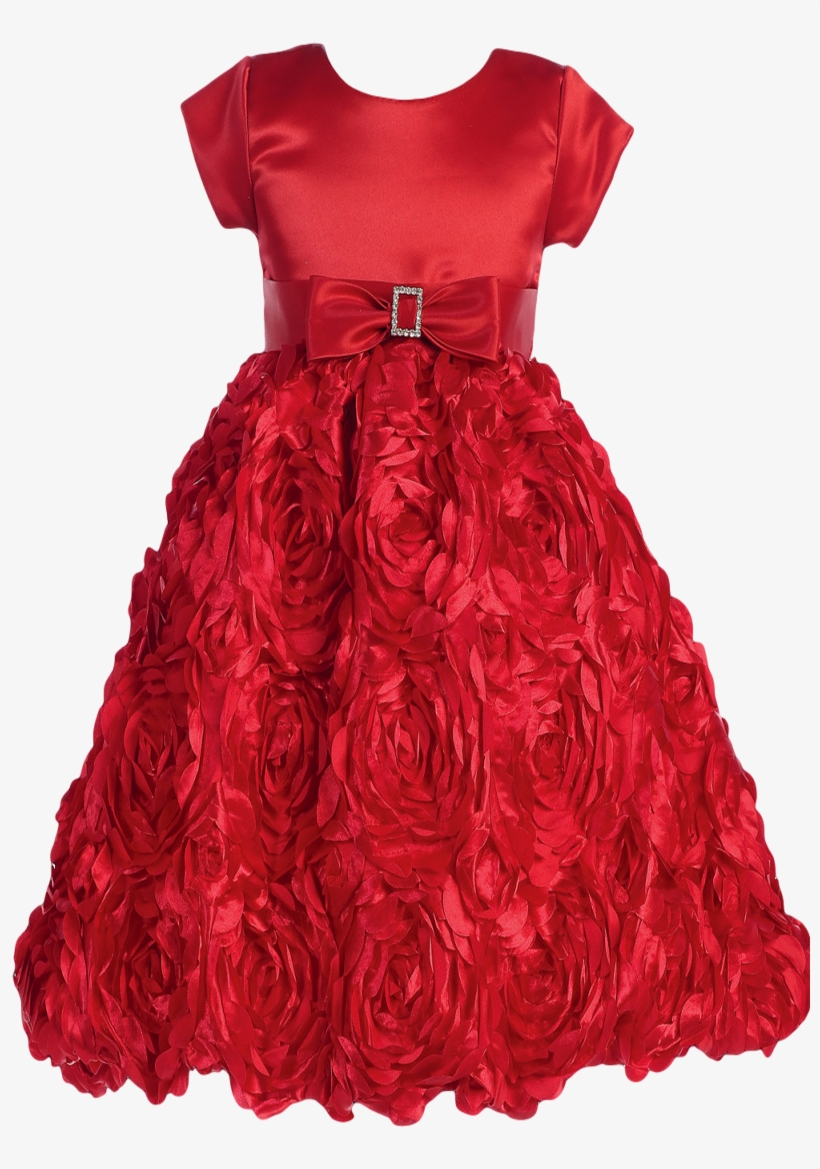 Red Satin Holiday Dress W Floral Satin Ribbon Skirting - Lito Children's Wear Made In The Usa - Red Satin Bodice, transparent png #1369018