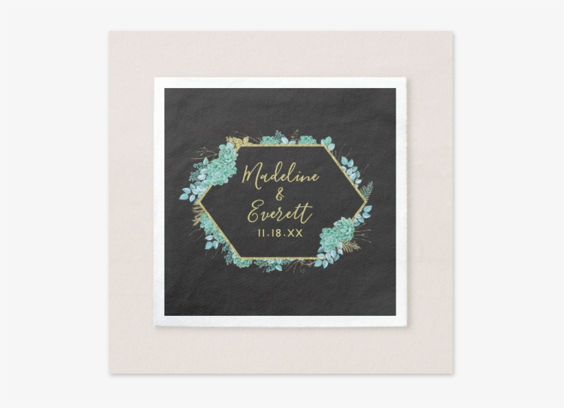 Aqua Teal Watercolor Succulents Gold Foil Frame & Black - Wedding, transparent png #1370441