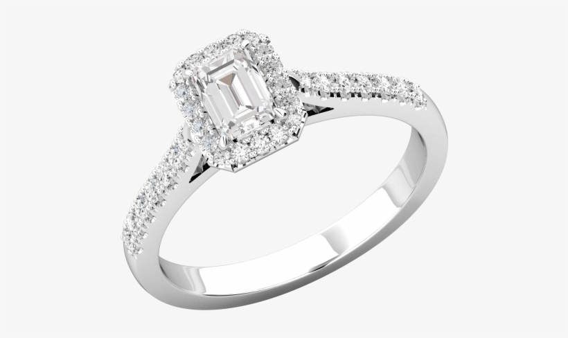 A Stunning Emerald Cut Diamond Halo Ring With Shoulder - Pre-engagement Ring, transparent png #1374493