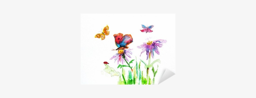 Watercolor Drawing Of A Flower With A Butterfly Sticker - Shabby Chic Shower Curtain By Ambesonne, Watercolour, transparent png #1388686