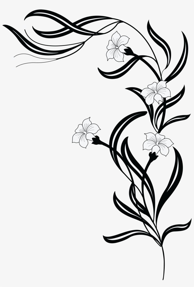 Floral Design With Flowers Leaves And Buds On Vines - Black And White Clipart Flowers, transparent png #147626
