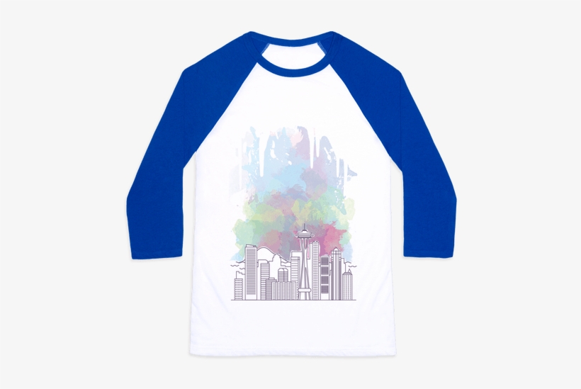 Seattle Graphic Watercolor Cityscape Baseball Tee - Cats And Bernie Sanders, transparent png #1464127