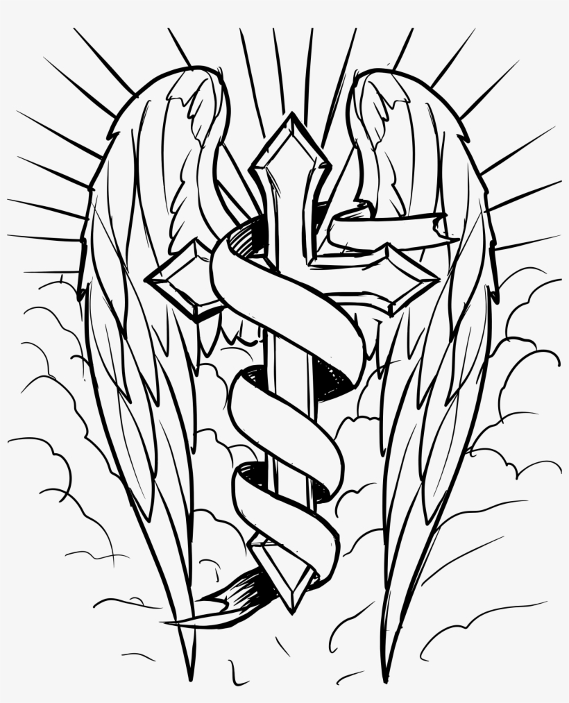 Cross With Ribbon Drawing At Getdrawings - Cross With Wings Coloring Pages, transparent png #1486605