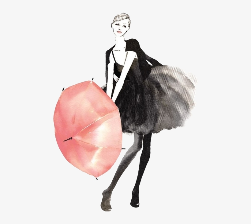 Girl With Red Umbrella Watercolor Art - Little Black Dress Painting, transparent png #1489847