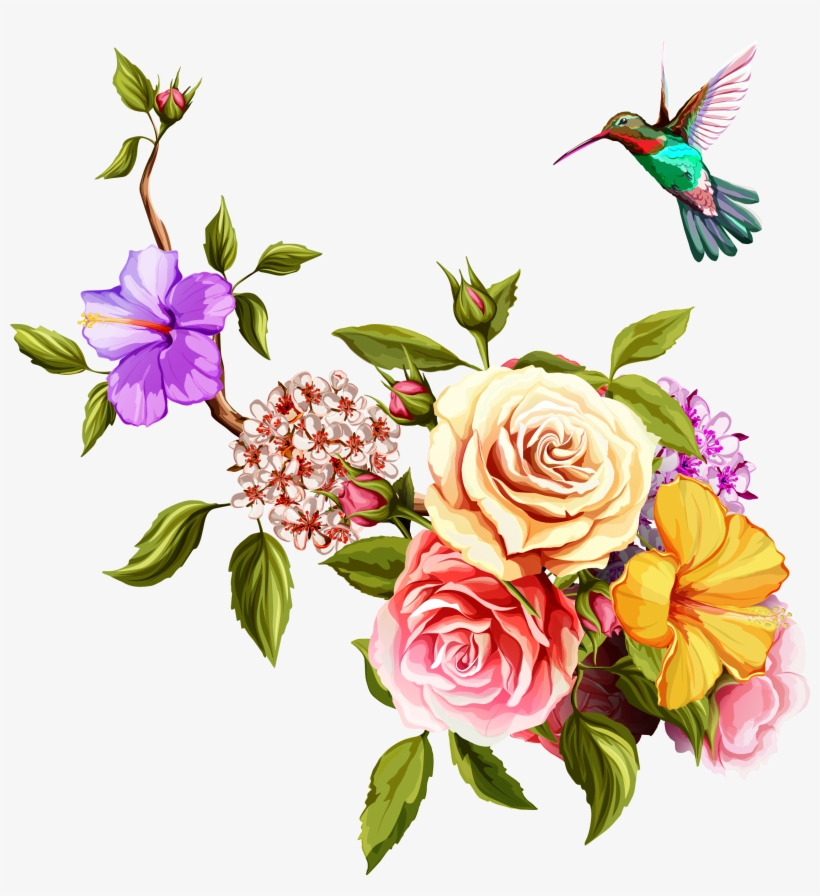 Transparent Watercolor Painting Flowers And Birds Transprent - Old Rose Hummingbird Png Birds And Flowers Border, transparent png #157036