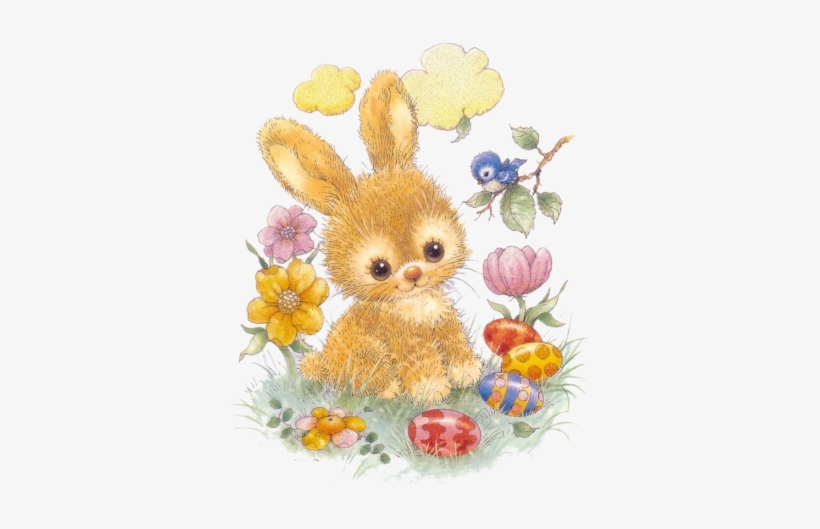 Kanin010 - Cute Easter Bunny With Flowers And Greeting Cards, transparent png #159118