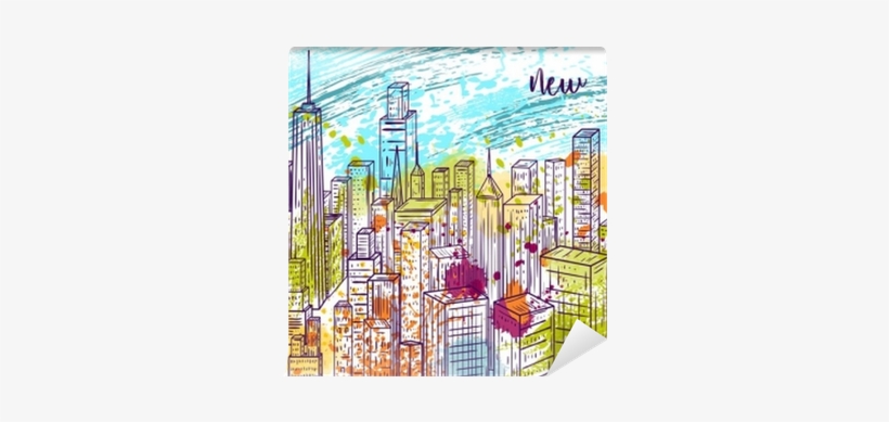 Vintage Colorful Hand Drawn City Landscape And Splashes - New York Colorato, transparent png #1503155