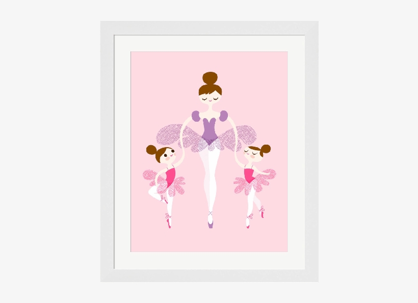 Ballerina & Twins In Pink & Purple Framed Art Print - Cartoon Ballet Mom Daughter, transparent png #1505510