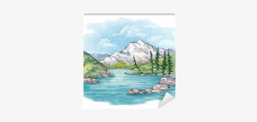 Watercolor Illustration Of Lake And Mountains Wall - Aquarell See, transparent png #1507232
