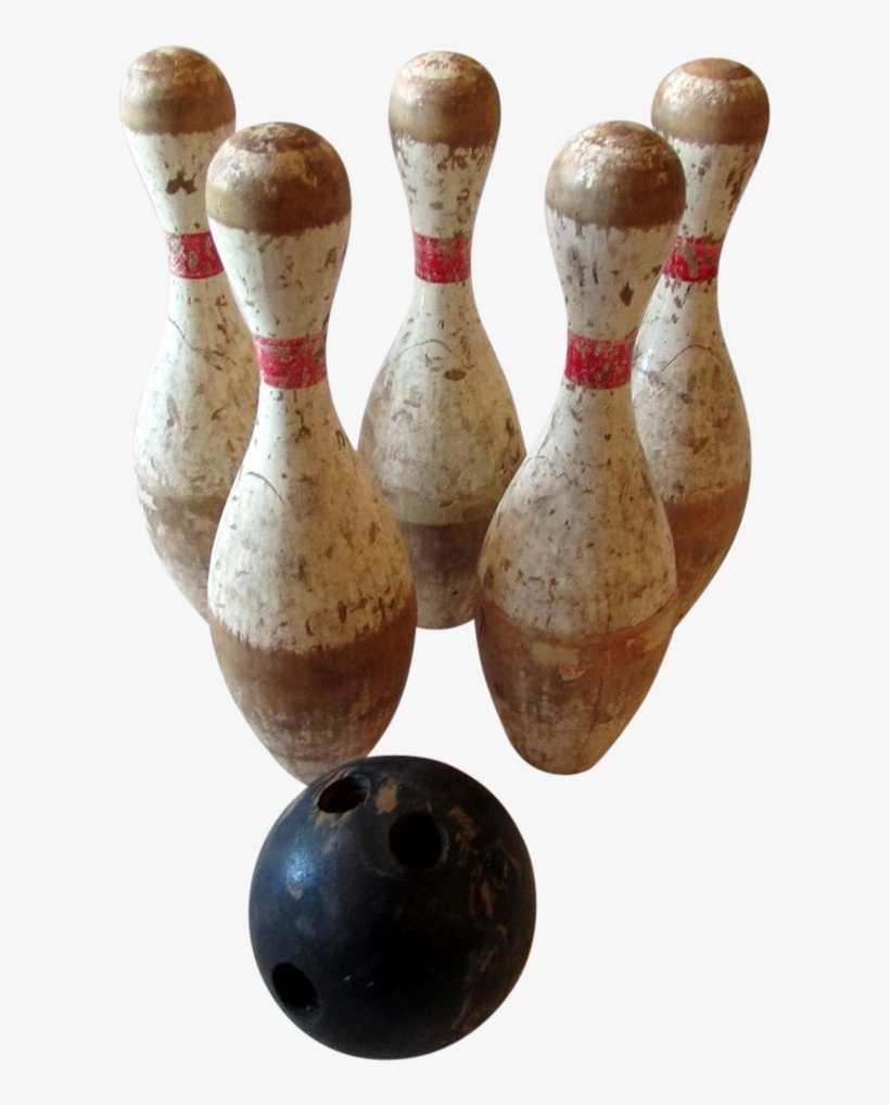Five Vintage Wooden Bowling Pins & Black Wooden Bowling - Vintage Bowling Pins, transparent png #1516963