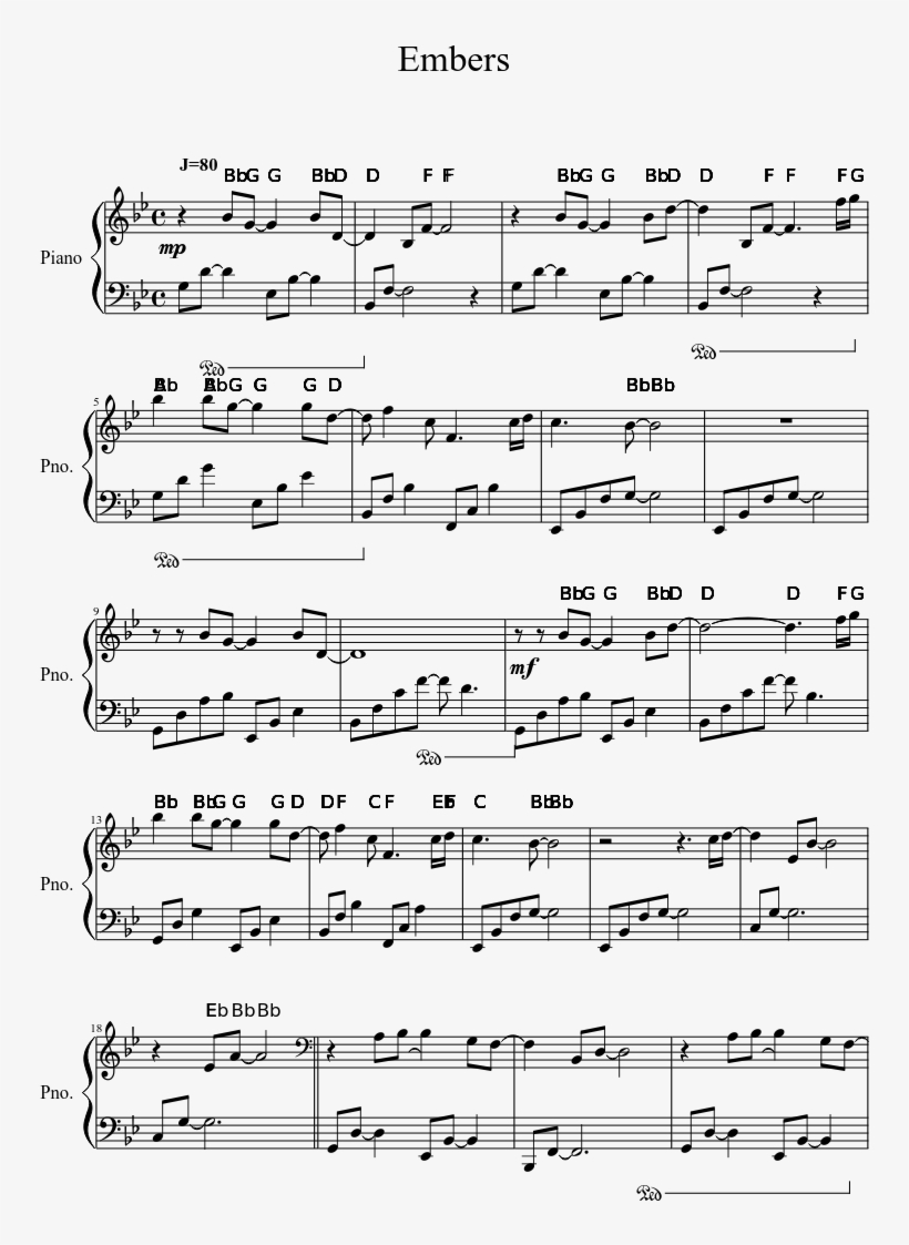 Embers Sheet Music 1 Of 4 Pages - Лана Дель Рей Ноты Для Фортепиано, transparent png #1519308