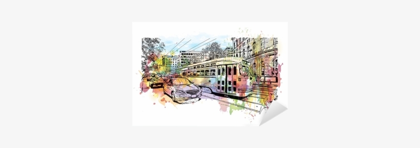 Watercolor Splash With Sketch Of Trolley Car Moves - House, transparent png #1549759
