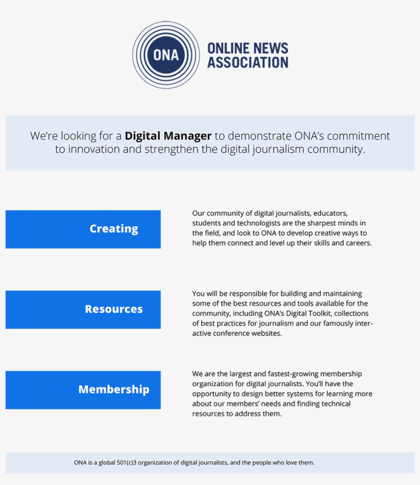 We're Hiring Ona Seeking Creative Digital Manager - Online News Association, transparent png #1549961