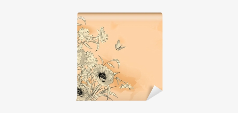 Watercolor Pencil Drawing Flowers Butterfly Wall Mural - Drawing, transparent png #1569484