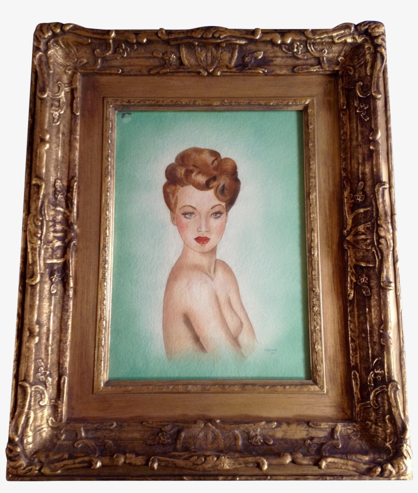 M Buame, Brunette Head Pinup Girl 1947 Watercolor Painting - Picture Frame, transparent png #1572196