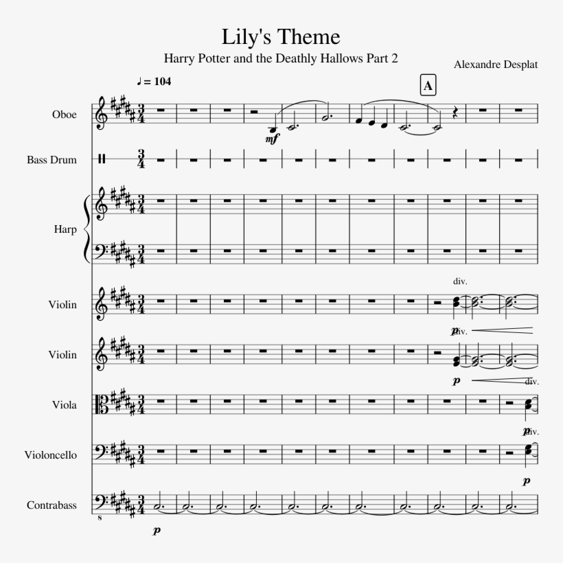 Lily's Theme Sheet Music Composed By Alexandre Desplat - Harry Potter Lilys Theme Nuotit, transparent png #1577118