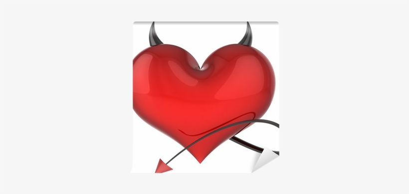 Heart Of Devil Love Red With Black Sharp Horns And - Heart With Horns And Tail Tattoo, transparent png #1594105