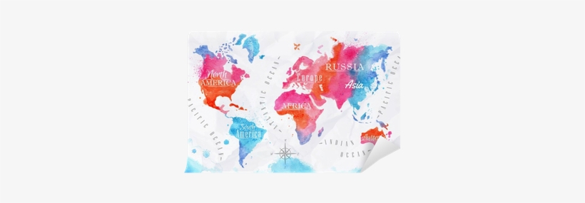 Watercolor World Map Pink Blue Self Adhesive Wall Mural