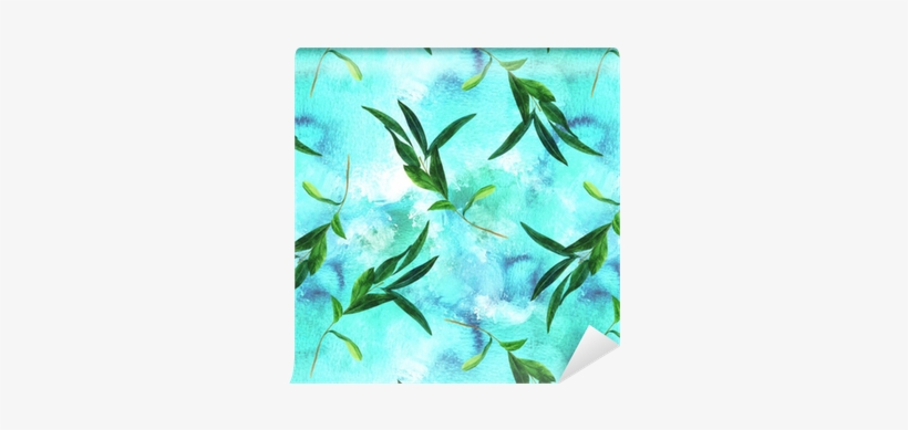 Seamless Pattern With Watercolor Olive Branch On Blue - Background Website, transparent png #1608130