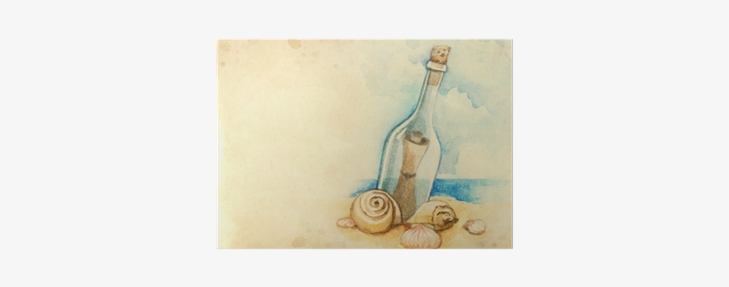 Watercolor Illustration Of Message In A Bottle Poster - Watercolor Message Bottle, transparent png #1611853