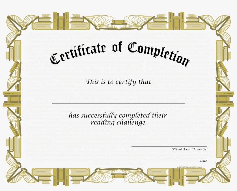 Reading Challenge Certificate Of Completion Freebies - Certificate, transparent png #1624888