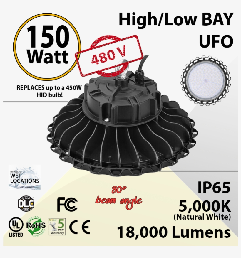 150w 480v Led High Bay Light Ufo 18000 Lm 5000k - Glt 150 Watt - 18100 Lumens - Led High Bay - 400w Equal, transparent png #1632265