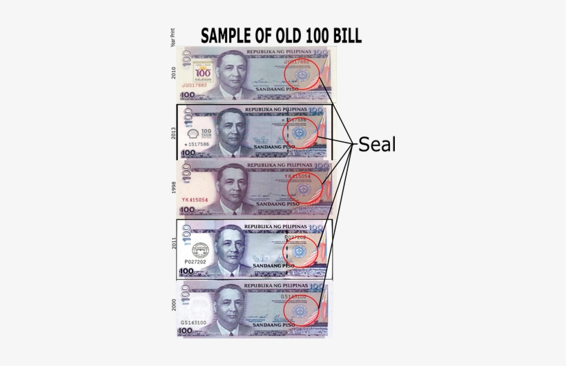 The Old 500 And 1000 Peso Paper Bill Has No Ovd Patch - 100 Peso Bill Old, transparent png #1637190