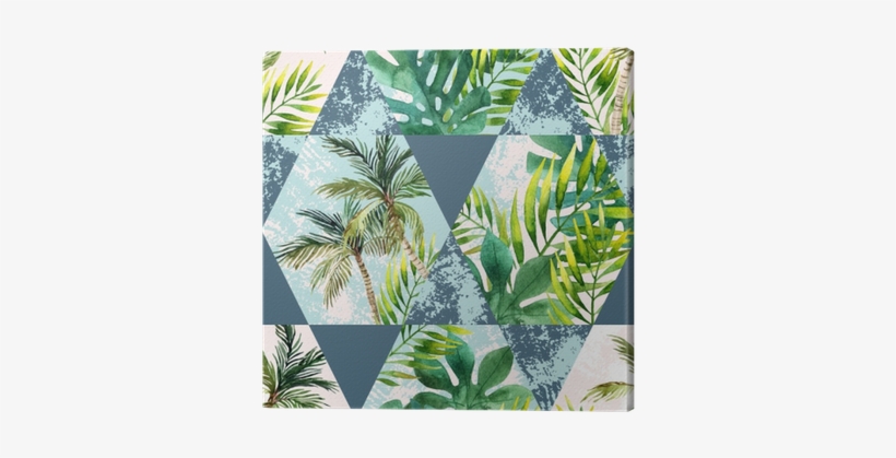 Watercolor Tropical Leaves And Palm Trees In Geometric - Watercolor Painting, transparent png #1659016