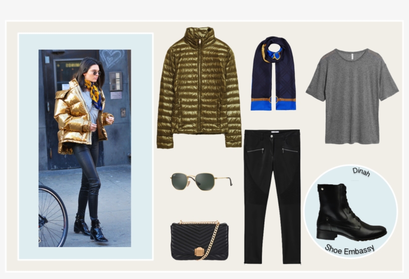 Kendall Jenner Gold Puffer Jacket Outfit - Riding Boot, transparent png #1666813