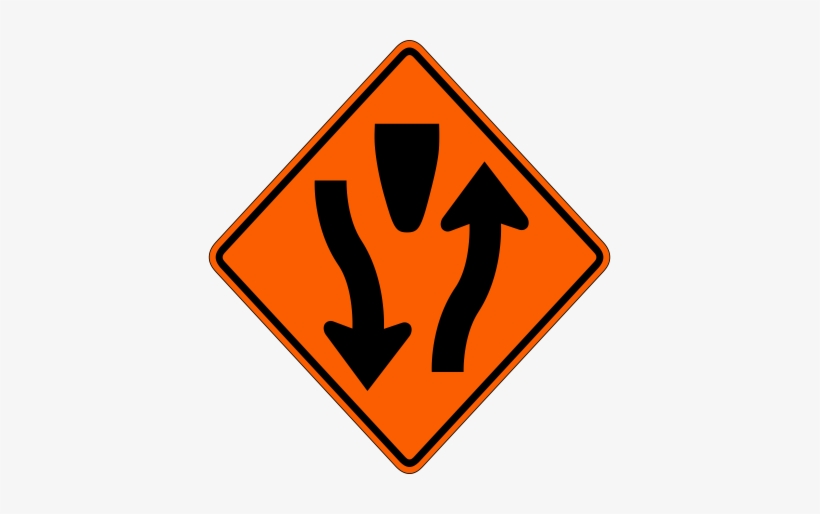 W1-6 Divided Highway - Slow Down And Proceed Straight Ahead Sign, transparent png #1684846