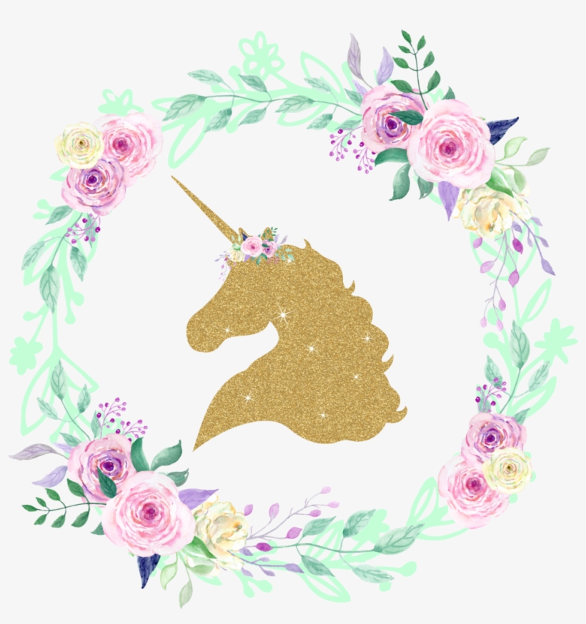 Gold Glitter Unicorn Center Floral Wreath Iron On - Glitter Unicorn, transparent png #171901