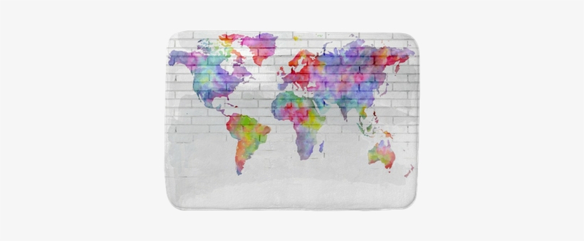 Watercolor World Map On A Brick Wall Bath Mat • Pixers® - Map Of The World Black, transparent png #175064