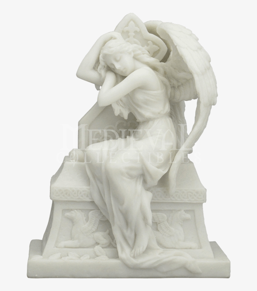Marble Weeping Angel Seated On Headstone - Marble White Weeping Angel Sitting And Leaning, transparent png #1702702