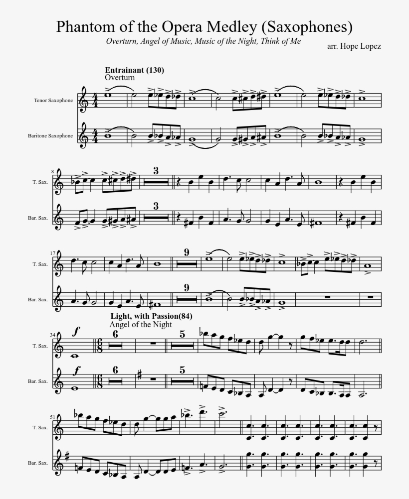 Phantom Of The Opera Medley Sheet Music Composed By - Tenor Saxophone Sheet Music Popular Songs, transparent png #1709777
