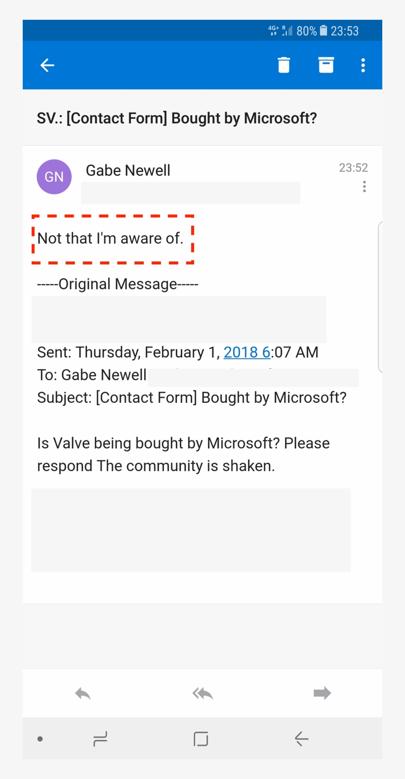 An Email Reply From Gabe Newell On Microsoft Valve - Gaben Email Address, transparent png #1719433
