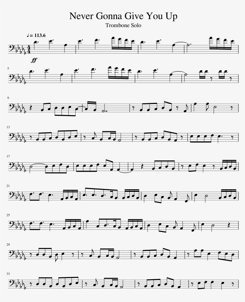 Never Gonna Give You Up Trombone Solo Sheet Music For - Pirates Of The Caribbean Trombone Sheet Music, transparent png #1730277