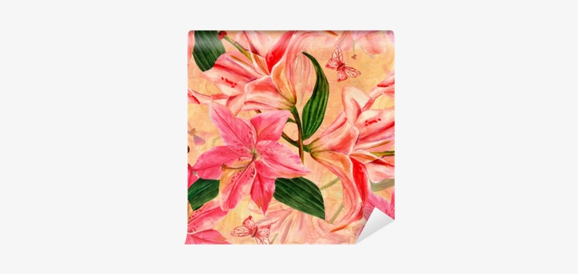 Seamless Golden Pattern With Watercolor Lilies And - Tender Pink Lilies And Butterflies Round Pill Box/pill, transparent png #1736844