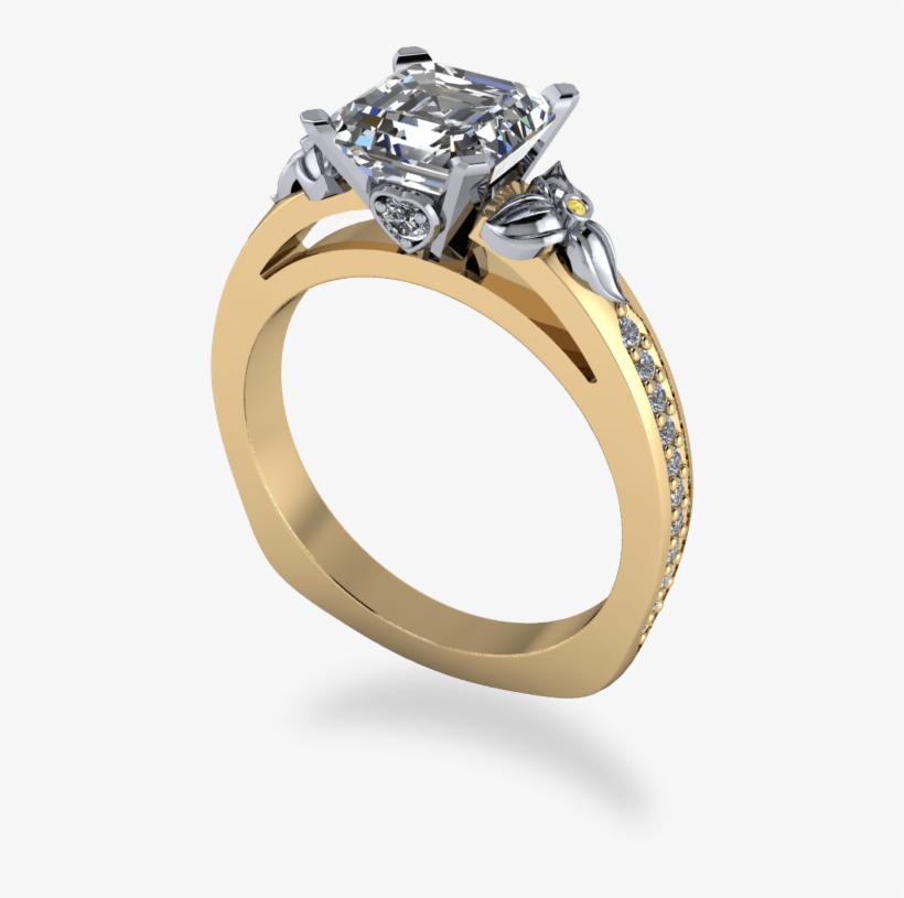 Platinum And Yellow Gold Asscher Cut Floral Ring - Ring, transparent png #1736872