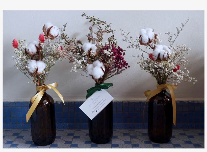 Dried Cotton Flowers Bouquet In Vintage Bottle - Flower Bouquet, transparent png #1737196