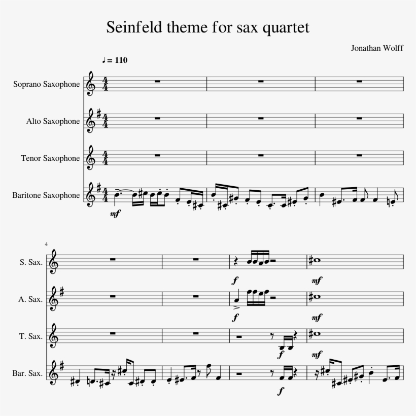 Seinfeld Theme For Sax Quartet Sheet Music Composed - Devil Went Down To Georgia Alto Saxophone, transparent png #1747391