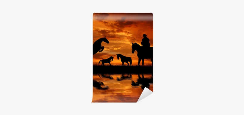 Silhouette Cowboy With Horses In The Sunset Wall Mural - Horse, transparent png #1765784