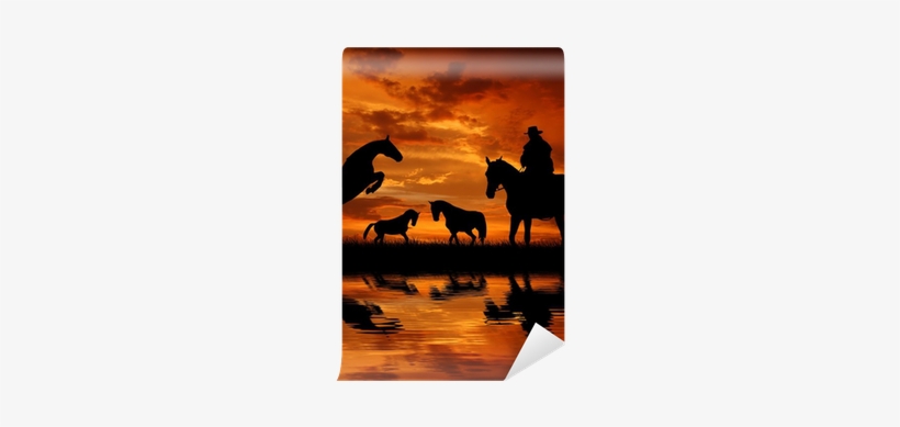 Silhouette Cowboy With Horses In The Sunset Wall Mural - Horse, transparent png #1765784
