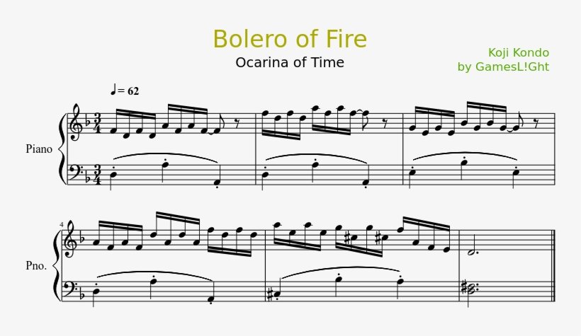 Bolero Of Fire Sheet Music Composed By Koji Kondo By - Across Black Keys Piano Sheet, transparent png #1778108