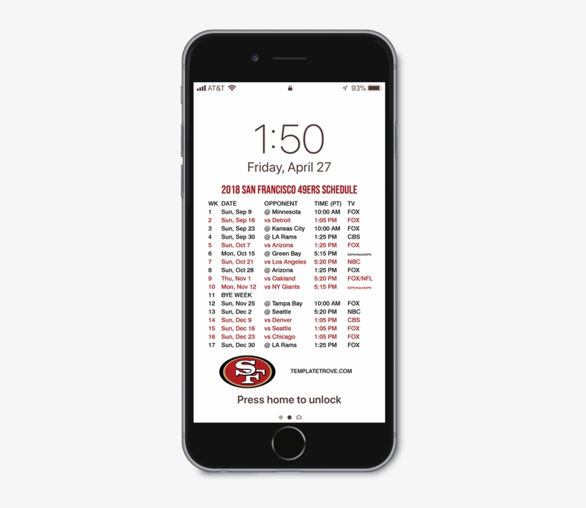 2018 San Francisco 49ers Lock Screen Schedule - Logos And Uniforms Of The San Francisco 49ers, transparent png #1785085