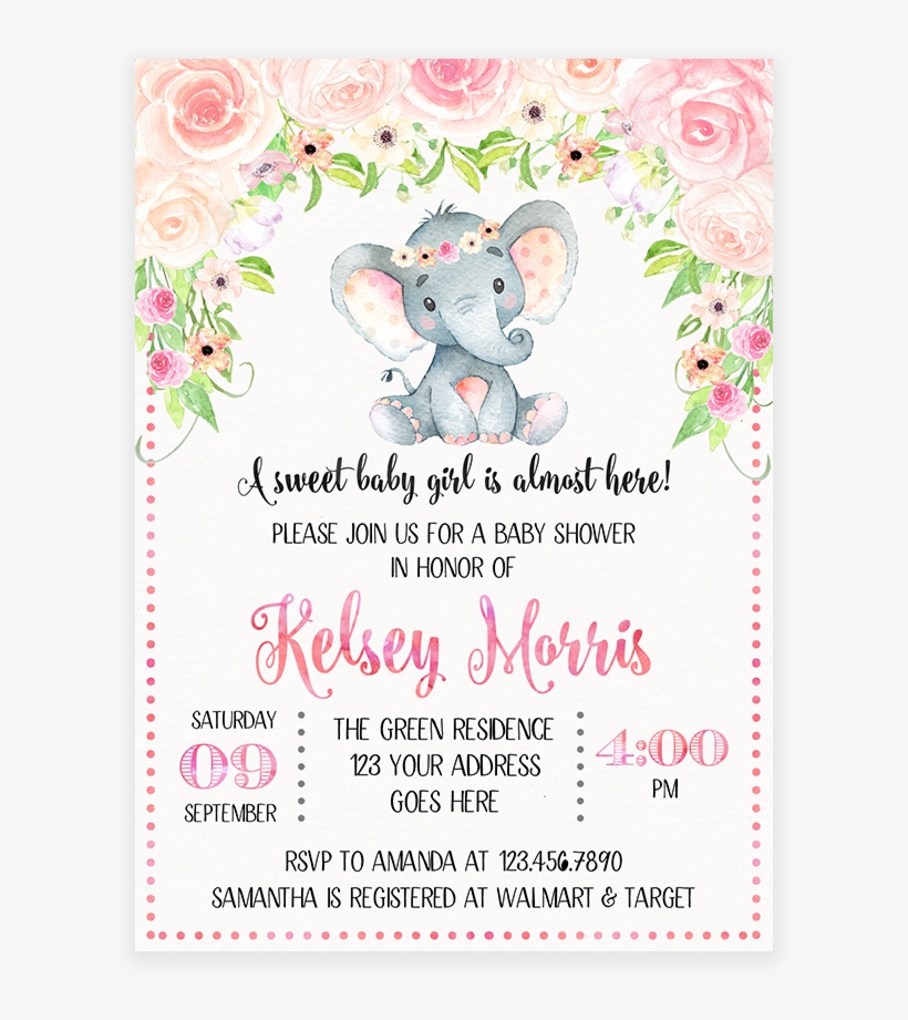 Blush Pink Floral Elephant Baby Shower Invitation Printable Watercolor Elephant Baby Png Free Transparent Png Download Pngkey