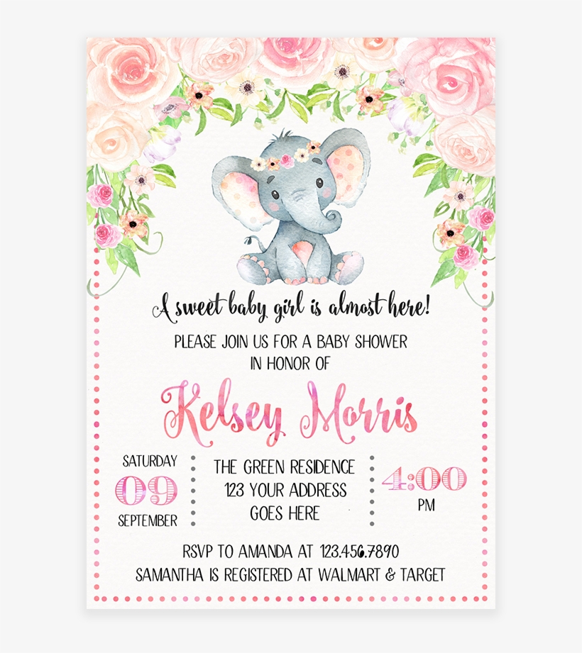 Blush Pink Floral Elephant Baby Shower Invitation Printable 