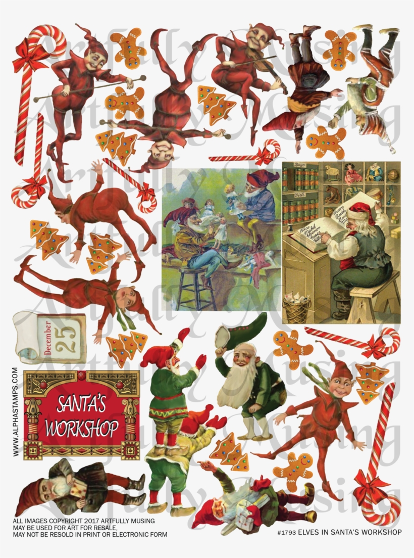 This Collage Sheet Contains Lots Of Elves, Santa In - Vintage Santas List Christmas Card Karte, transparent png #1800940